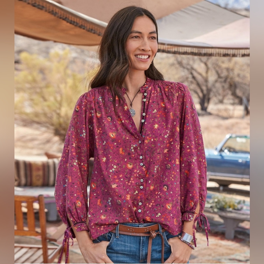 Sundance Dorthea Bloom Blouse Size S Floral Ruffles Button-Up Boho Chic Classic